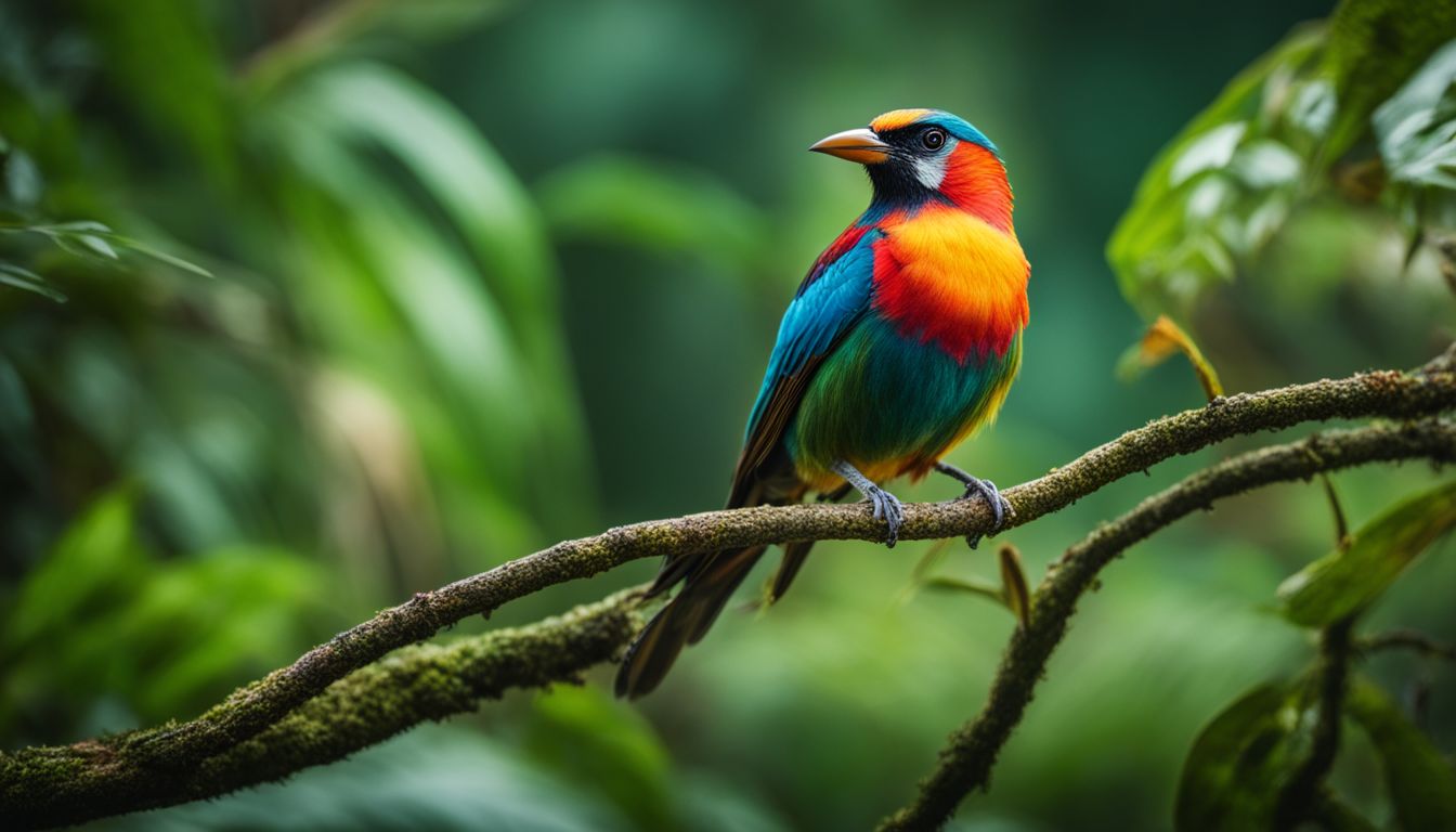 A vibrant bird in a lush Vietnamese rainforest, captured in a beautifully composed wildlife photograph.