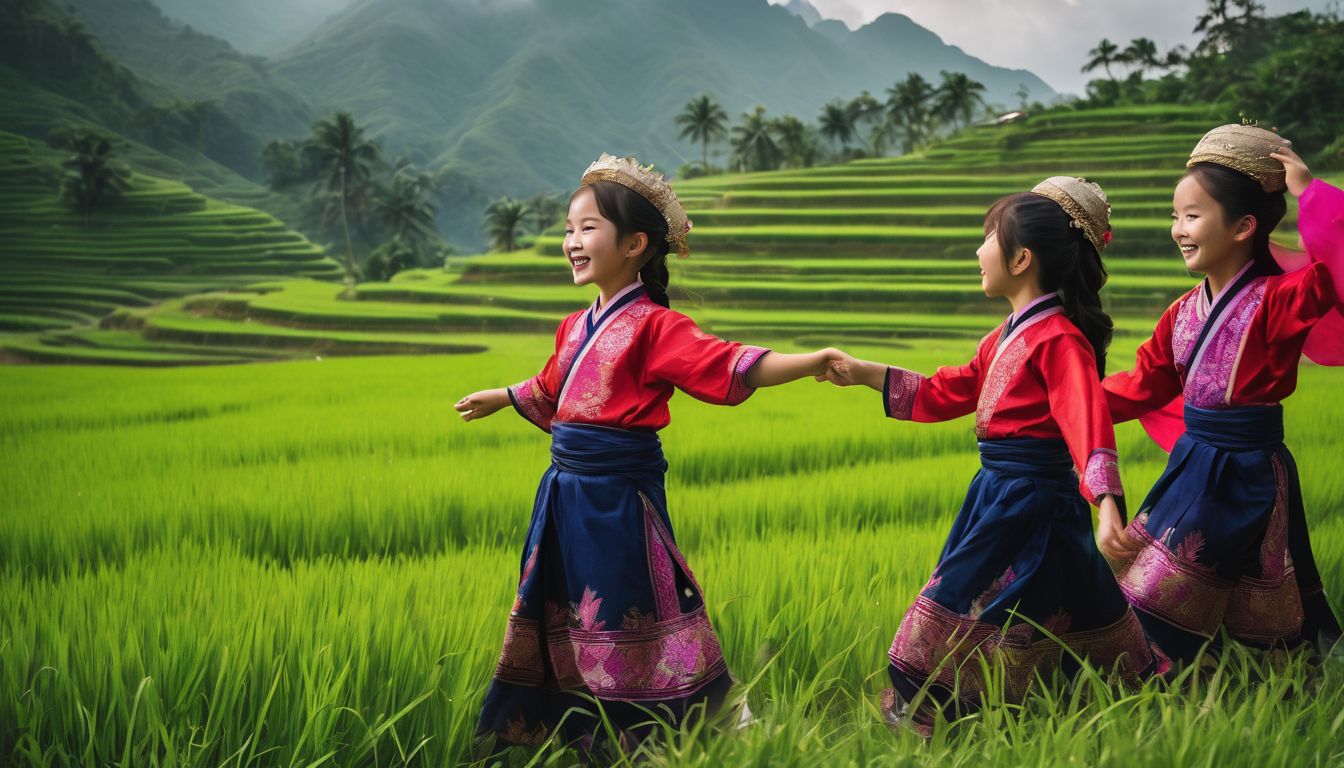 A vibrant photo of Vietnamese children wearing traditional costumes, dancing in a lush green rice field.