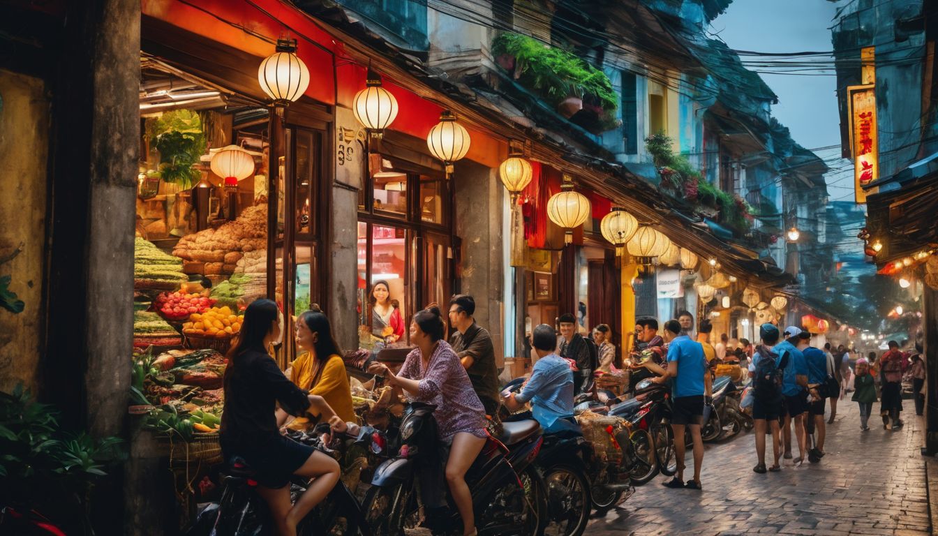 A diverse group of travelers explores the vibrant streets of Hanoi.
