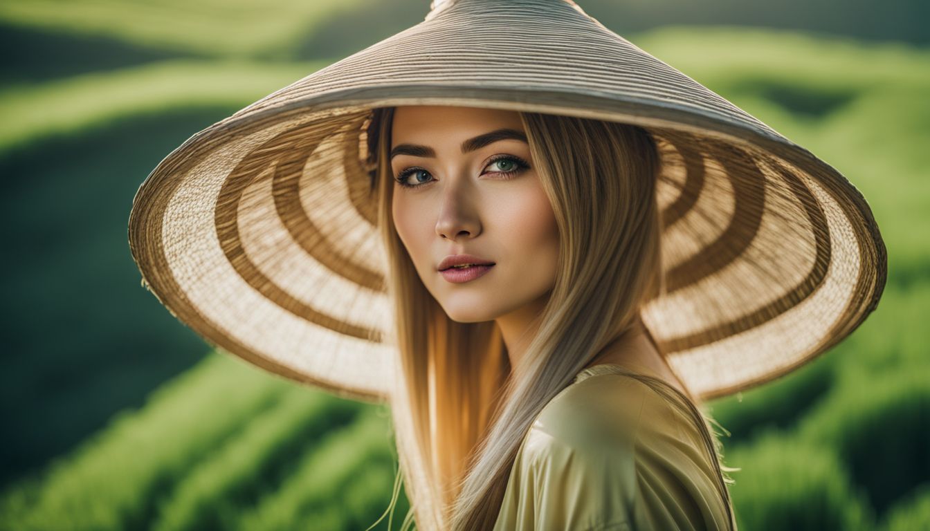 A woman wearing a traditional Vietnamese hat in a lush green rice field.