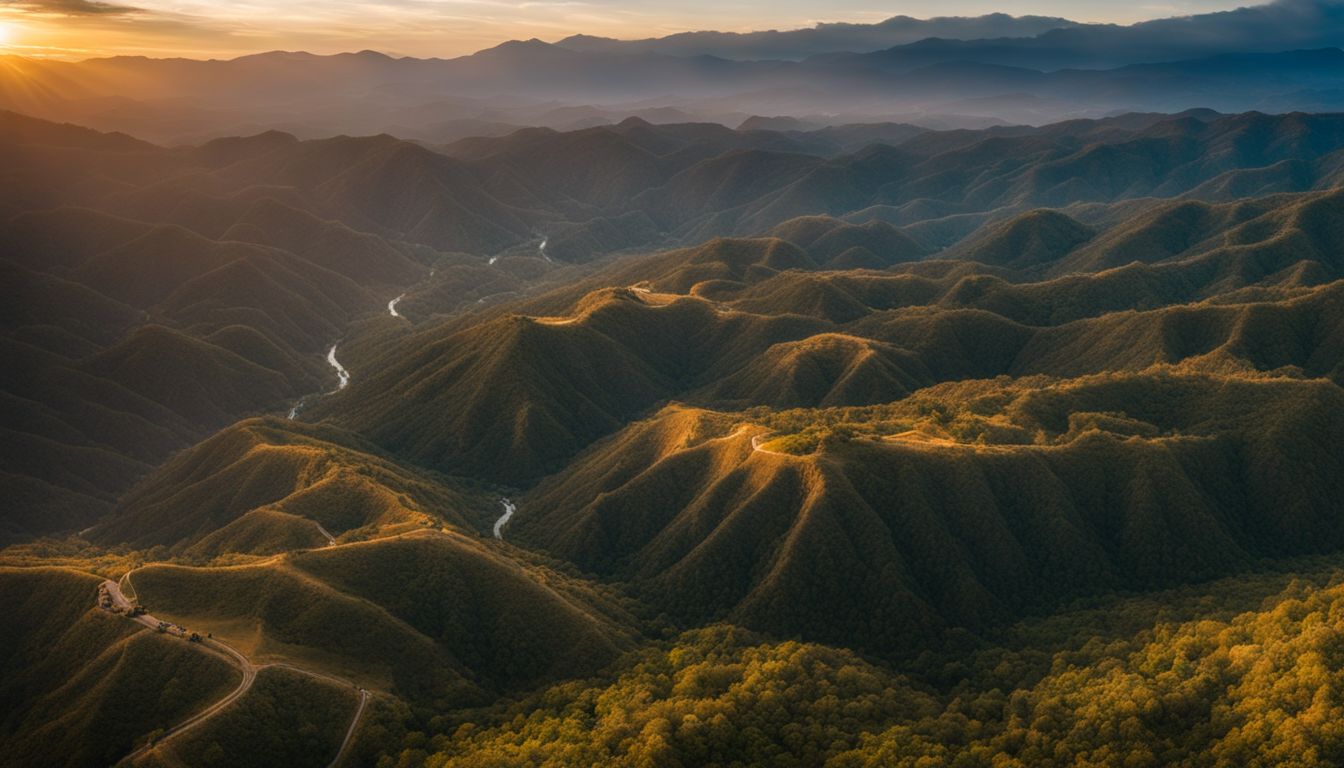 Aerial view of Pai Canyon at sunset showcasing its dramatic landscapes with people exploring the area.