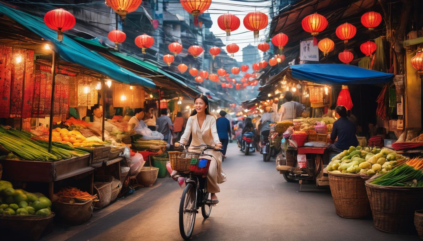 A woman on a traditional Vietnamese bicycle is surrounded by vibrant street market stalls in a bustling cityscape.