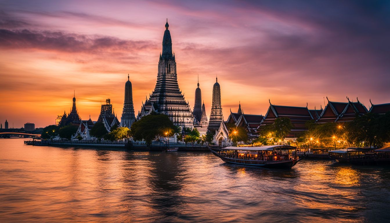 A stunning photo of Wat Arun temple at sunset, surrounded by the Chao Phraya River and a bustling cityscape.