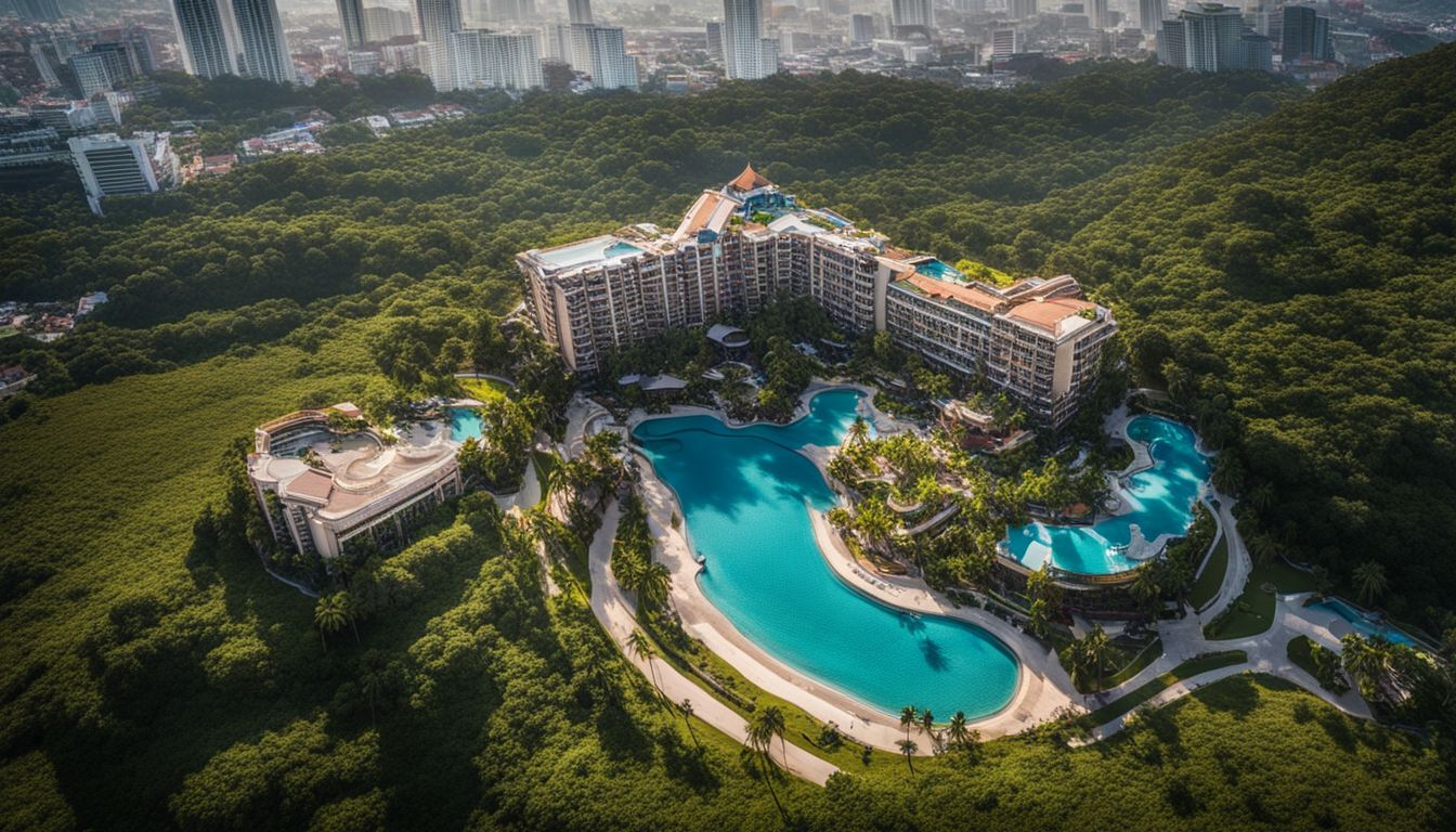 A stunning aerial shot of Park Royal 3 and Park Royal 2 surrounded by the beautiful landscape of Pratumnak Hill.
