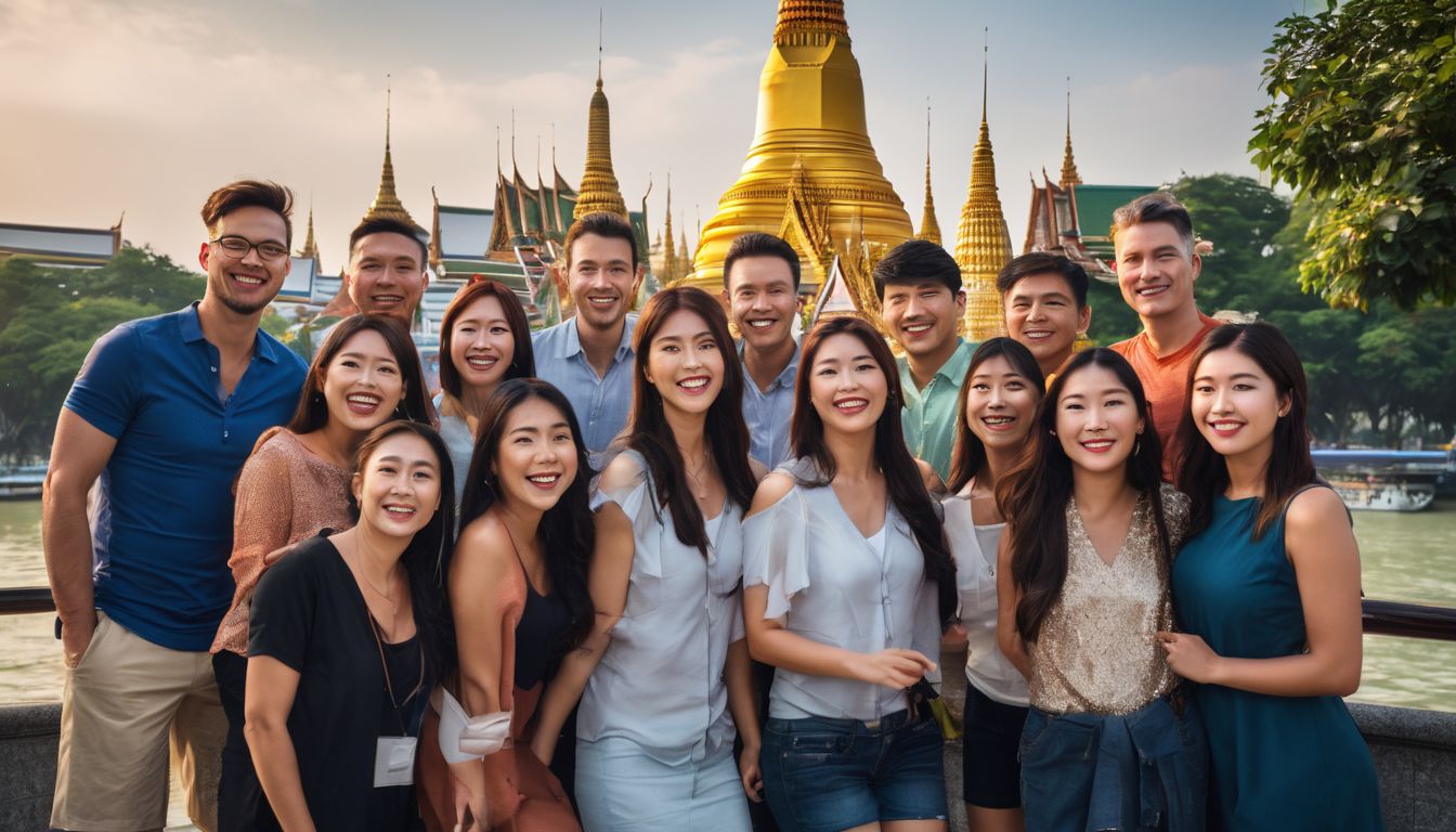 A diverse group of tourists poses happily in front of a famous Bangkok landmark.