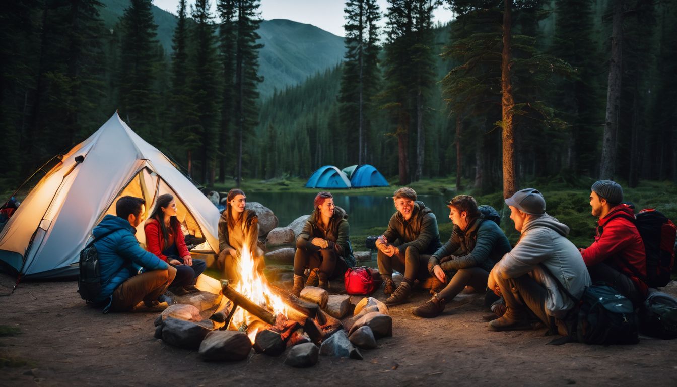 A diverse group of backpackers gather around a campfire in a scenic outdoor setting.
