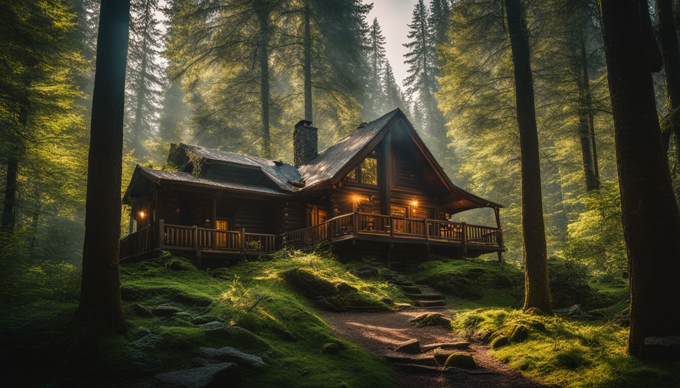 A cozy wooden cabin in a lush green forest surrounded by towering trees, with people of different appearances and outfits.