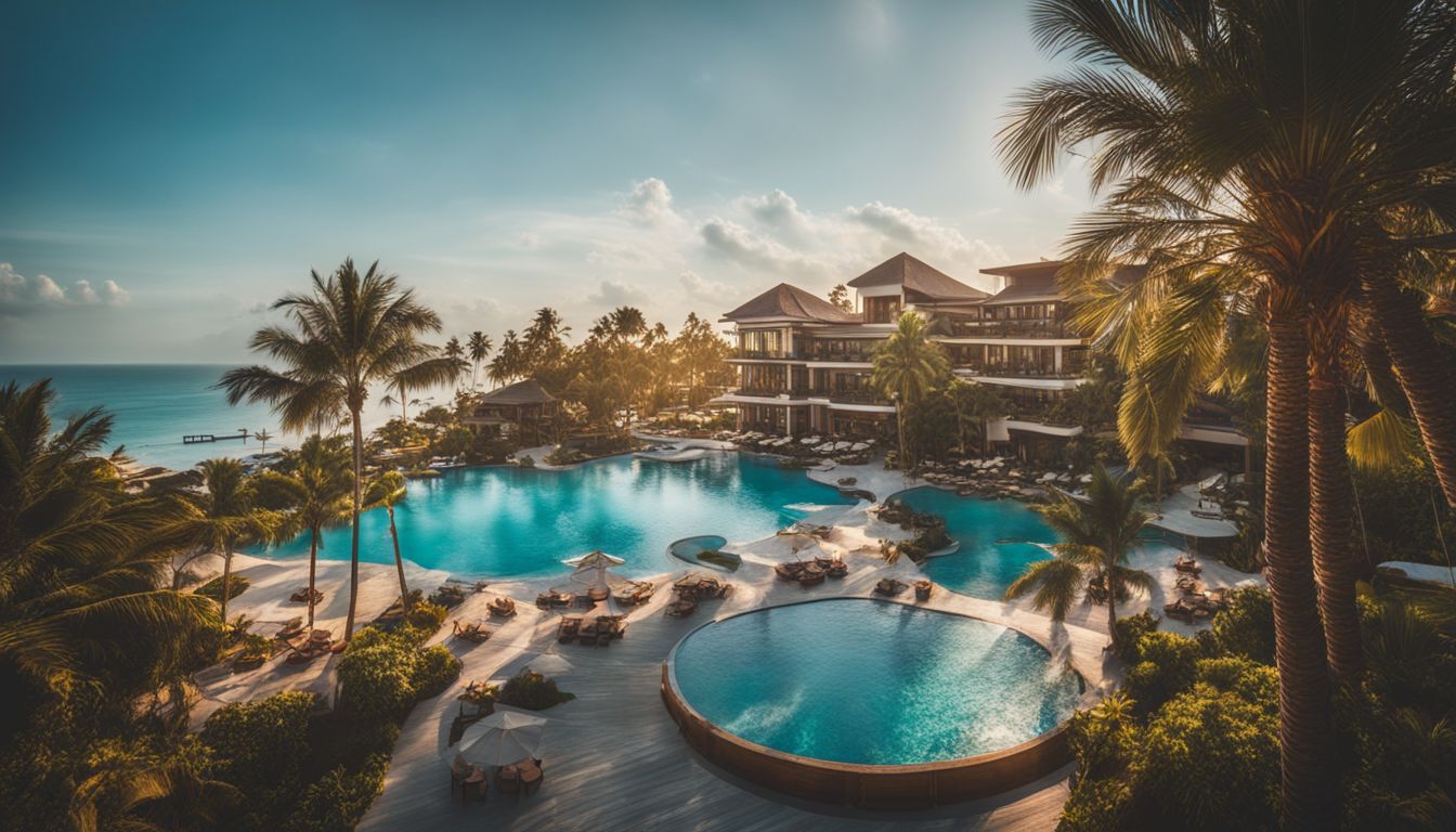 A photo of a luxury beach resort with palm trees, swimming pools, and a bustling atmosphere.