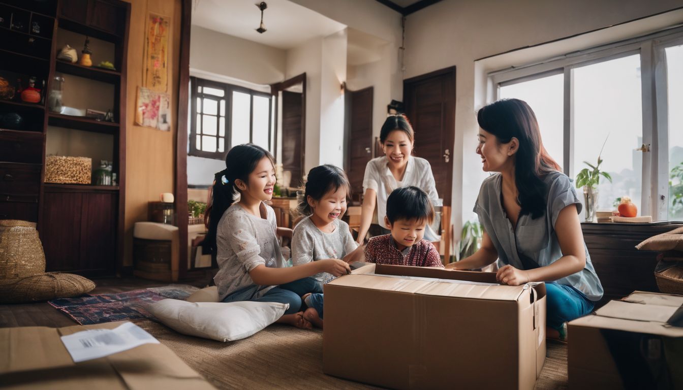 A Vietnamese family excitedly moves into their new apartment in a bustling cityscape.