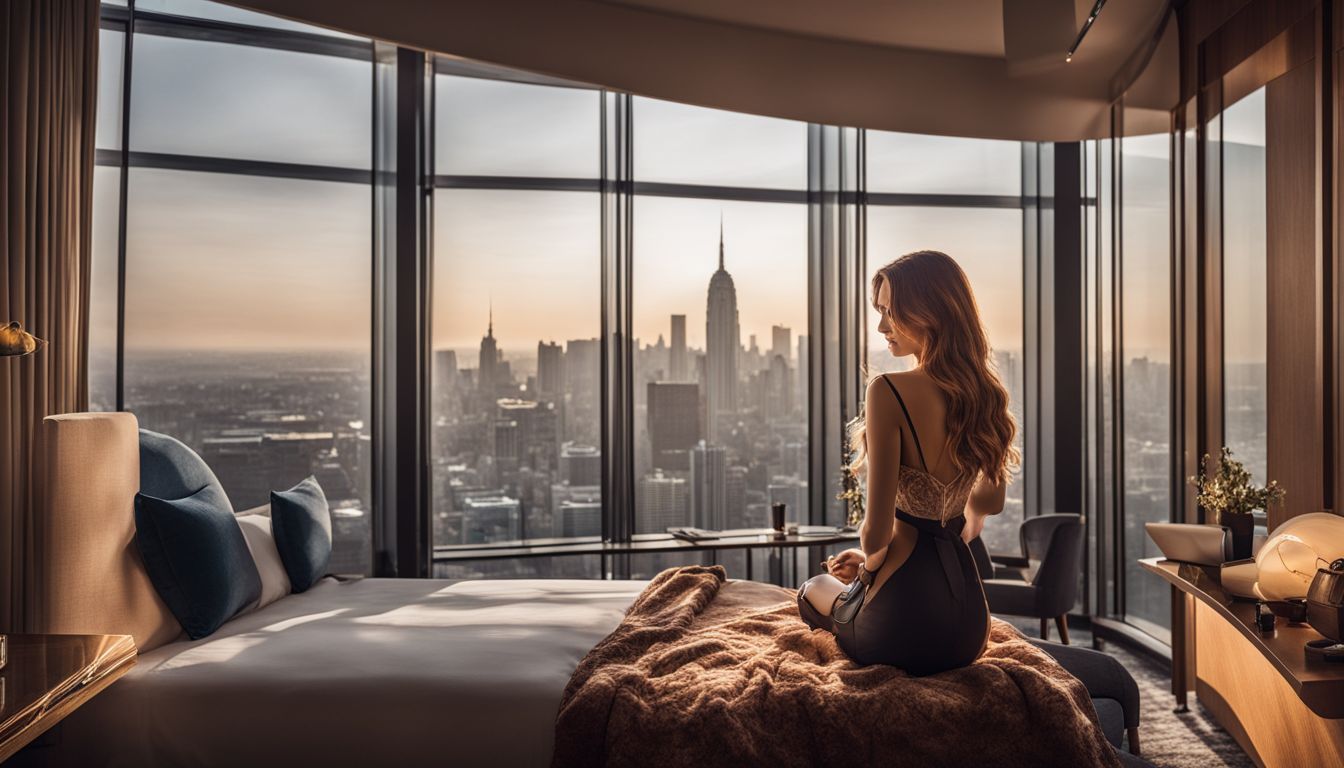 A luxurious hotel room with a comfortable bed and stunning city skyline view.