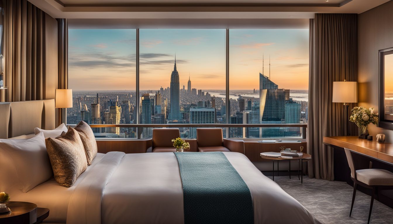 A luxurious hotel room with a stylish decor and a view of the city skyline.