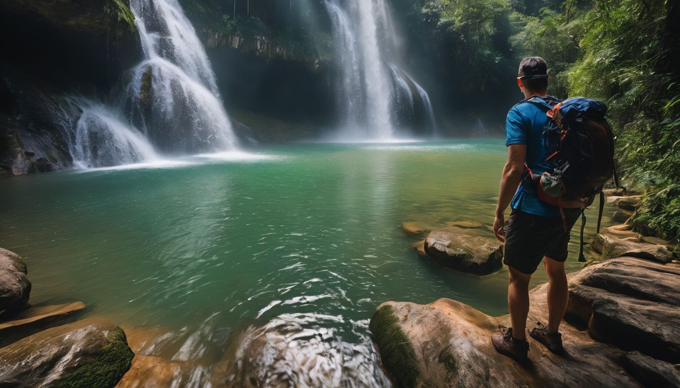 A diverse group of hikers explores a stunning waterfall in Phong Nha-Ke Bang National Park.
