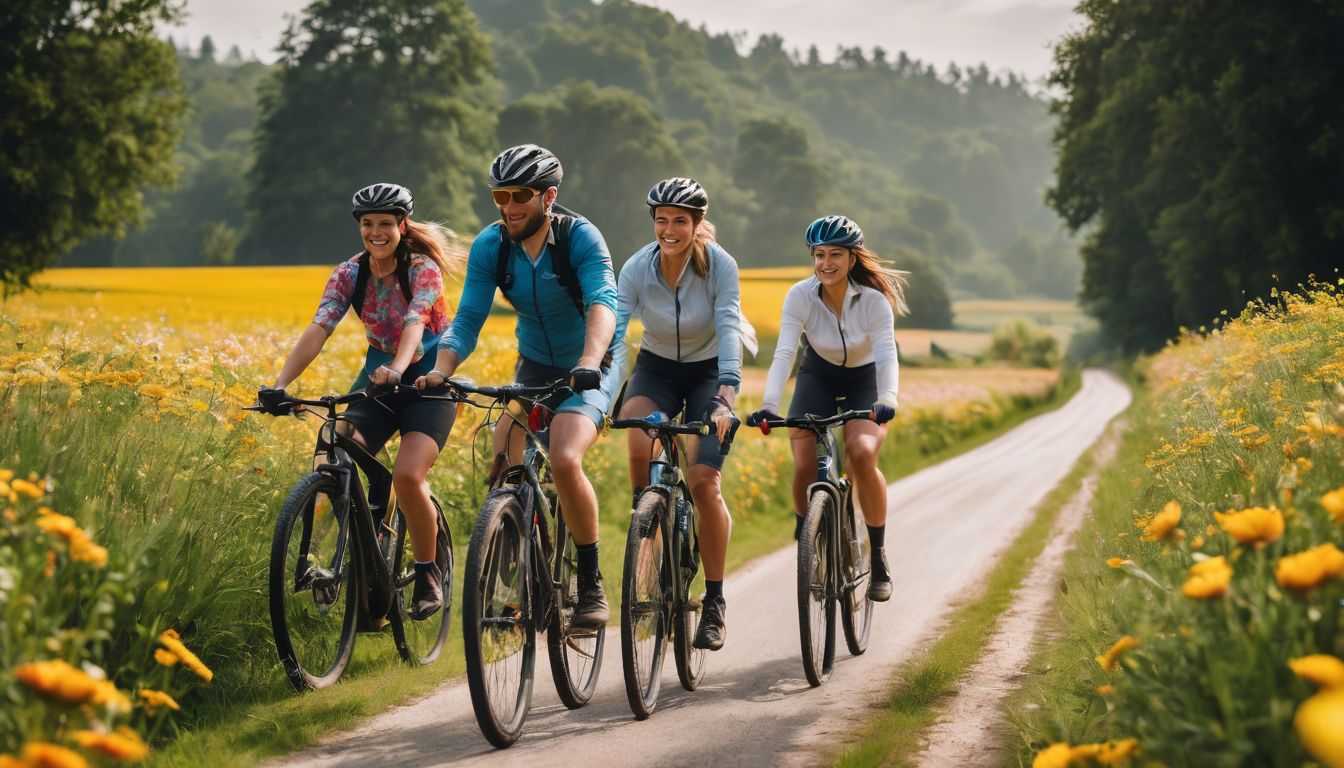 A group of diverse friends enjoy a lively bike ride through a picturesque countryside.