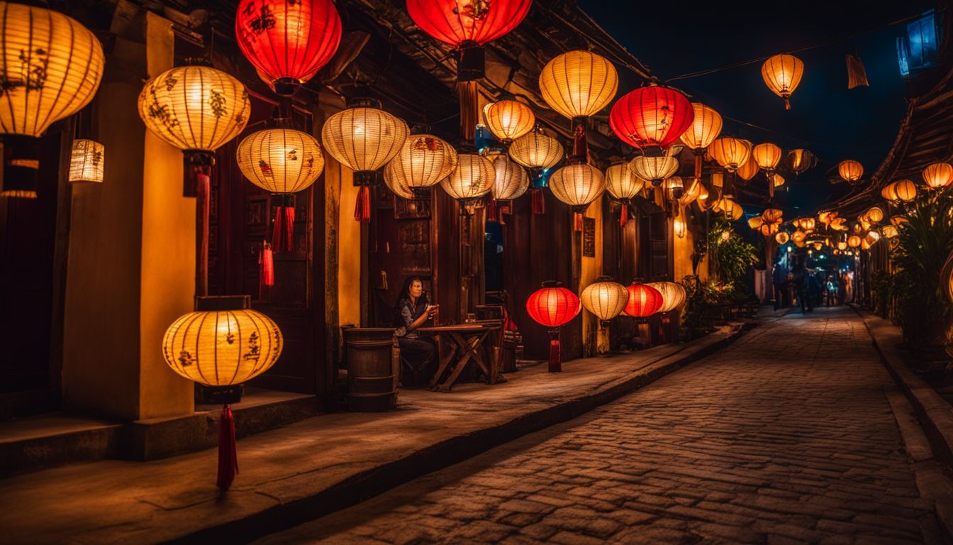 The streets of Hoi An come alive at night with traditional lanterns and a bustling atmosphere.