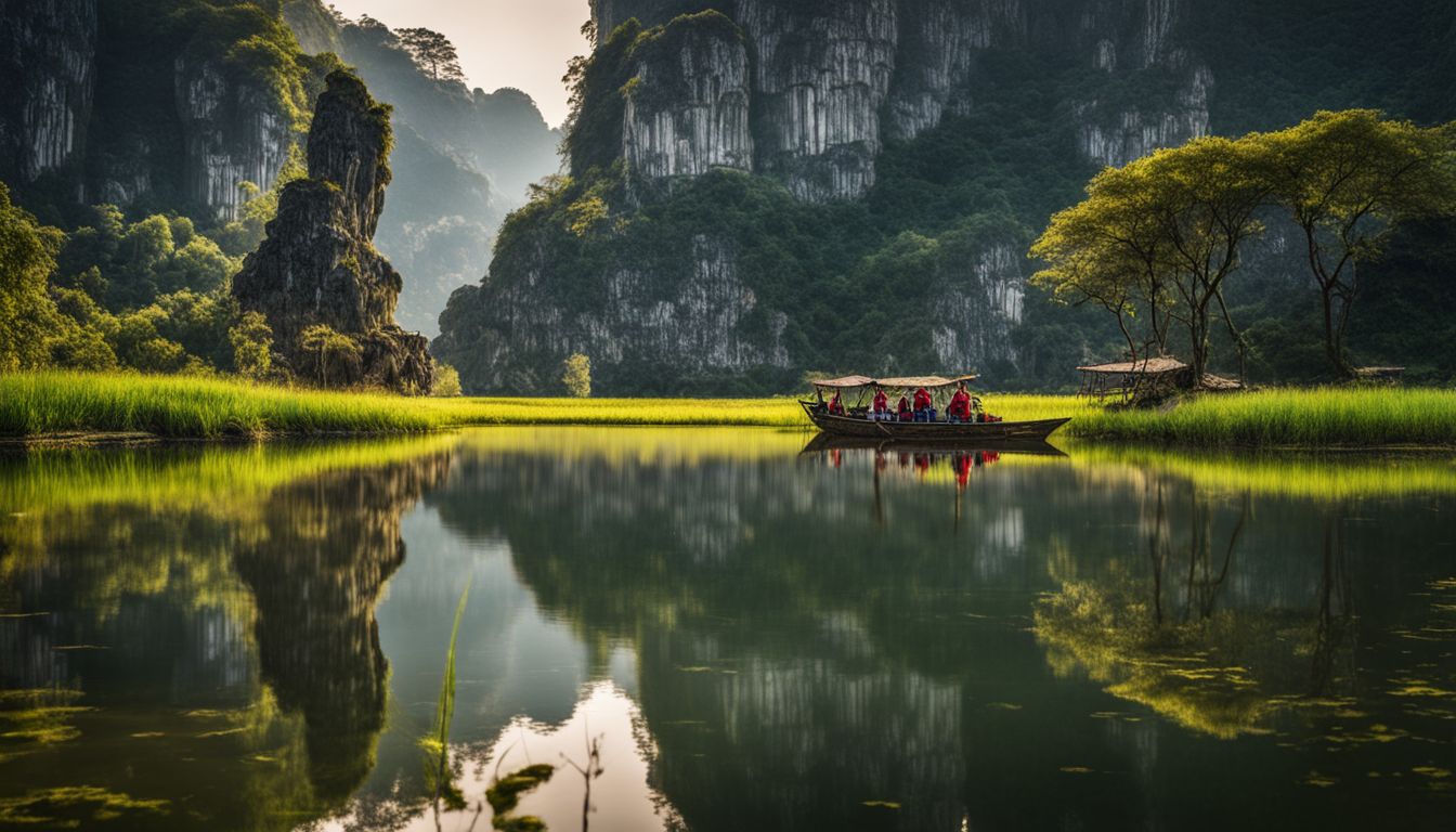 A photo of limestone karsts reflected in the calm waters of Tam Coc, showcasing the scenic beauty of nature.