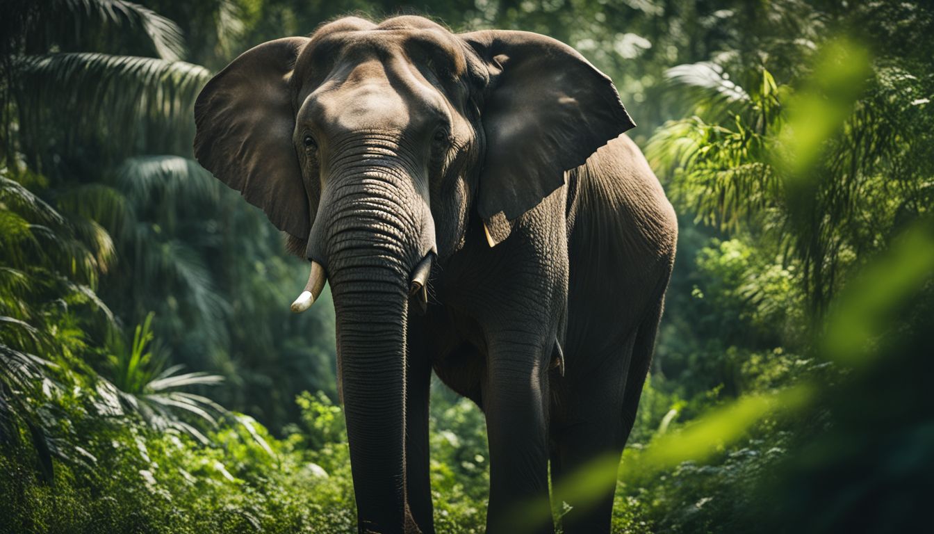 The photo depicts an Asian elephant in a lush green jungle surrounded by diverse individuals observing its beauty.