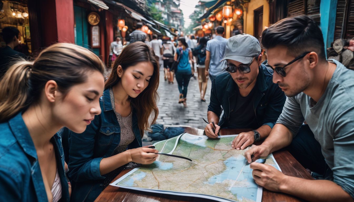 A diverse group of travelers plans their Vietnam adventure while looking at a map.
