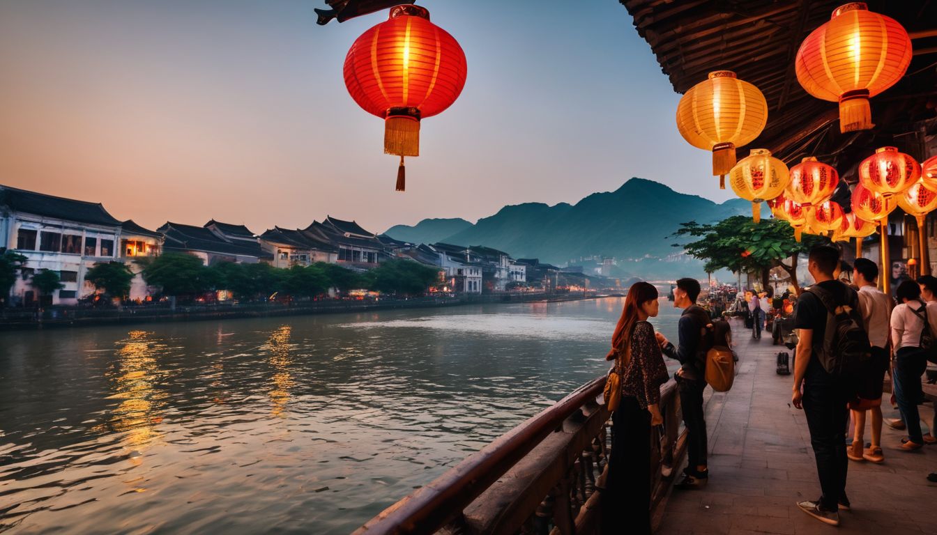 A diverse group of tourists admiring lanterns along the Hoai River in a bustling cityscape.