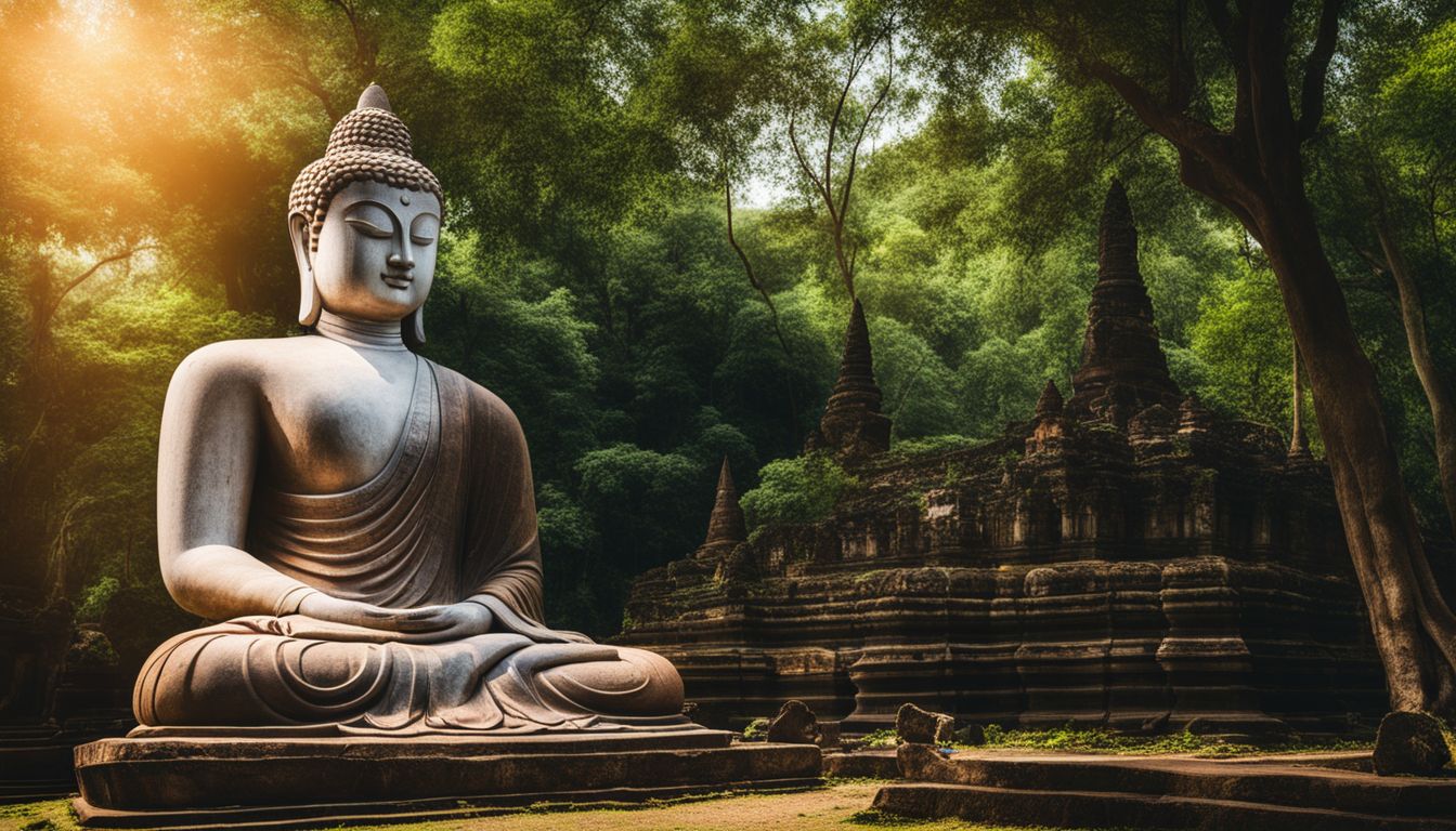 A photo of an Ancient Buddha statue surrounded by lush greenery in Kamphaeng Phet Historical Park.