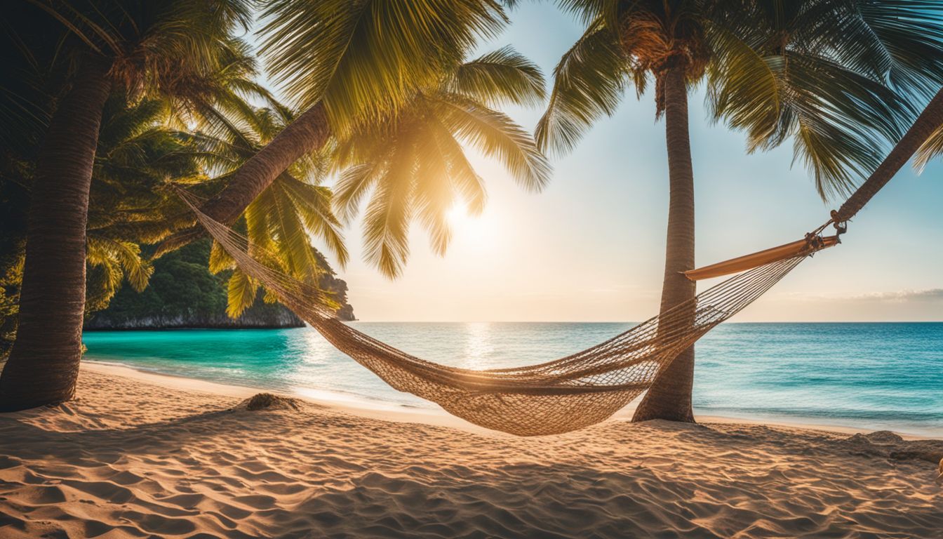 A tropical beach with palm trees, clear blue water, and a hammock for a relaxing adult singles vacation.