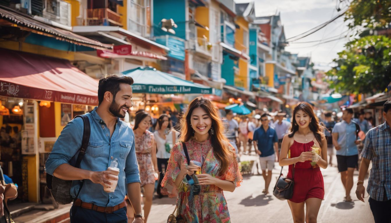 A diverse group of residents enjoying the vibrant street life in Golden Town Pattaya.
