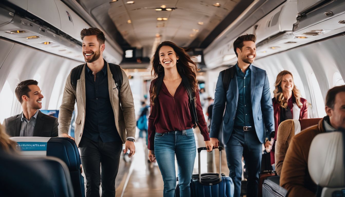A diverse group of happy travelers boarding a plane, captured in a vibrant and lively cityscape photograph.