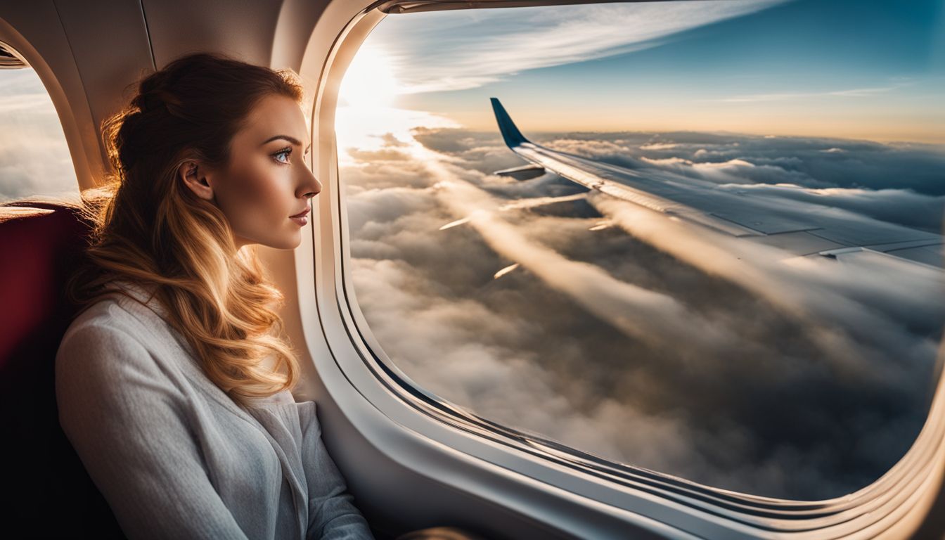 A young woman sits on an airplane, gazing out the window at the clouds.