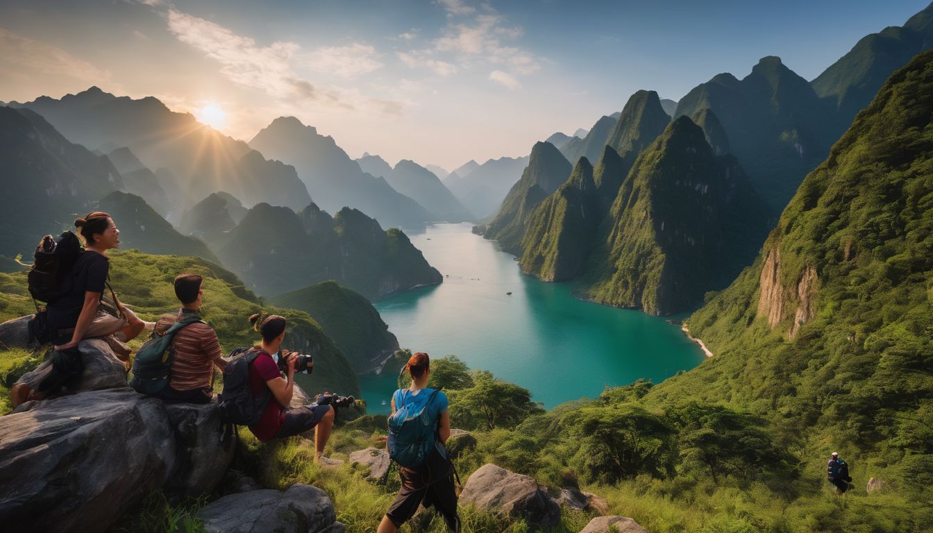 A group of tourists exploring Kong Lan, capturing the stunning landscape with their cameras.