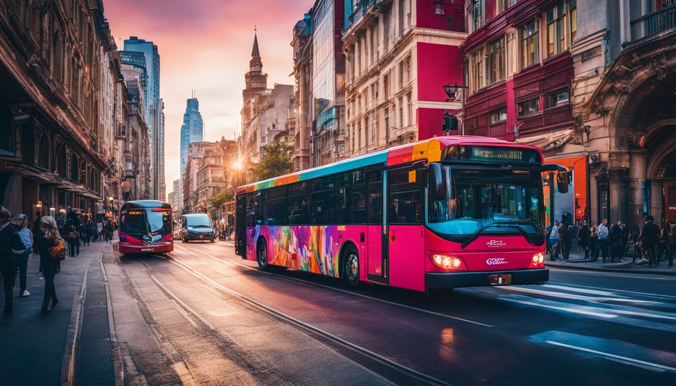 A colorful public bus drives through a vibrant city street, capturing the diversity of faces, styles, and energy.