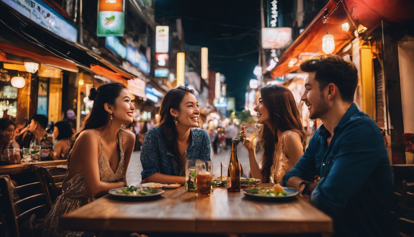 A diverse group of friends enjoying a vibrant night out in a bustling Thai city.