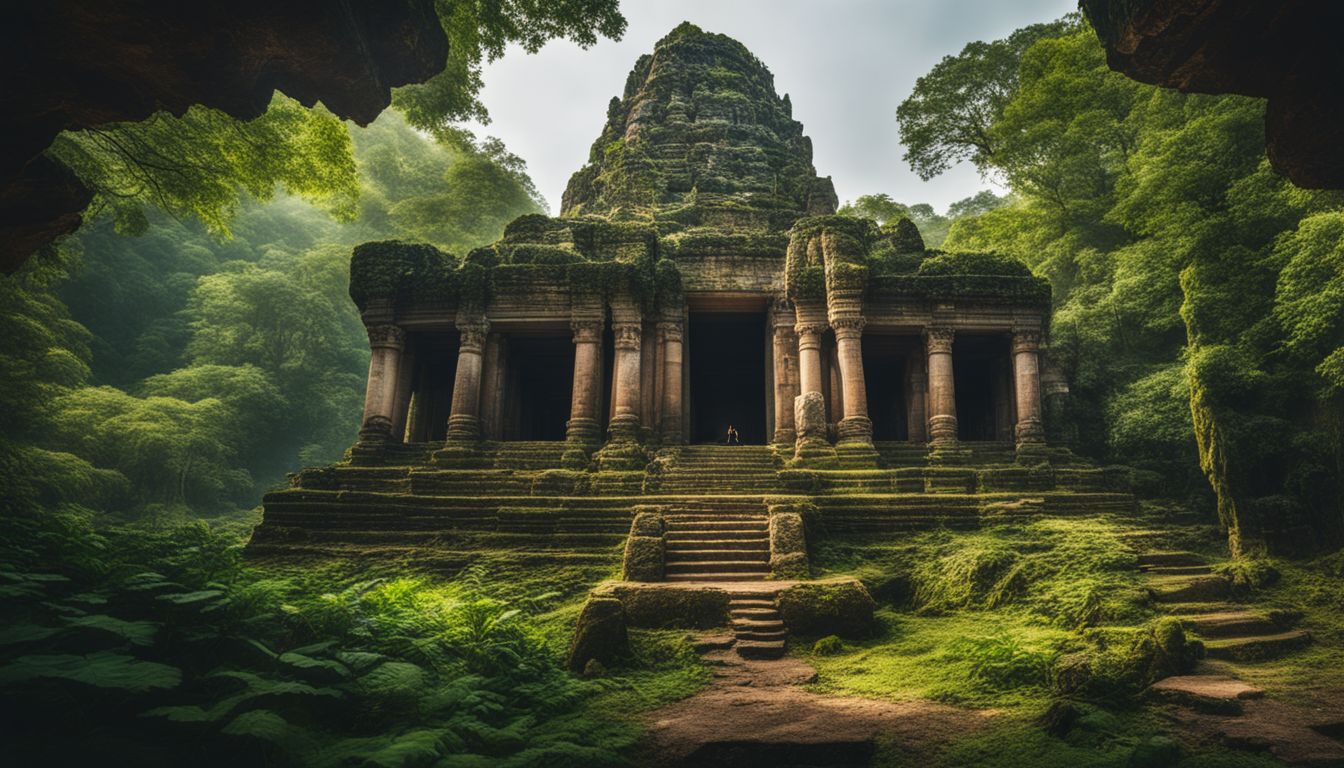 A photograph of ancient temple ruins surrounded by lush greenery, capturing the bustling atmosphere and varied faces and outfits of the people exploring the site.
