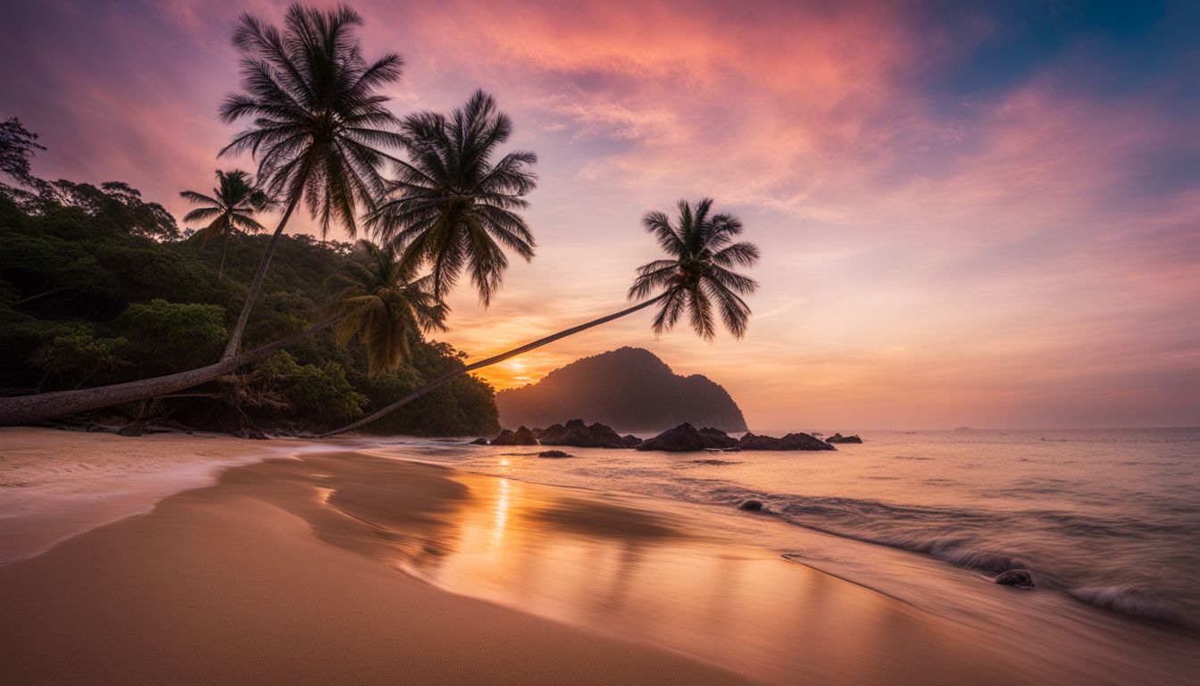 A gorgeous sunset over a Thai beach, featuring a diverse group of people, captured in stunning detail.
