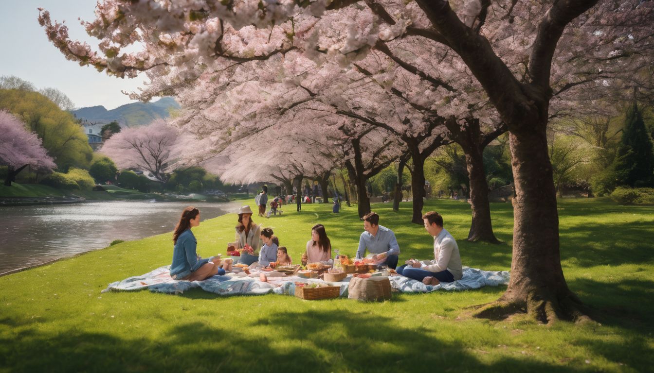 A diverse family enjoys a picnic under blooming cherry blossom trees in a local park.