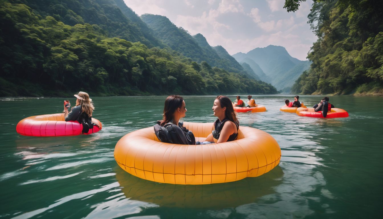 A group of friends enjoying a scenic river float on inflatable tubes.