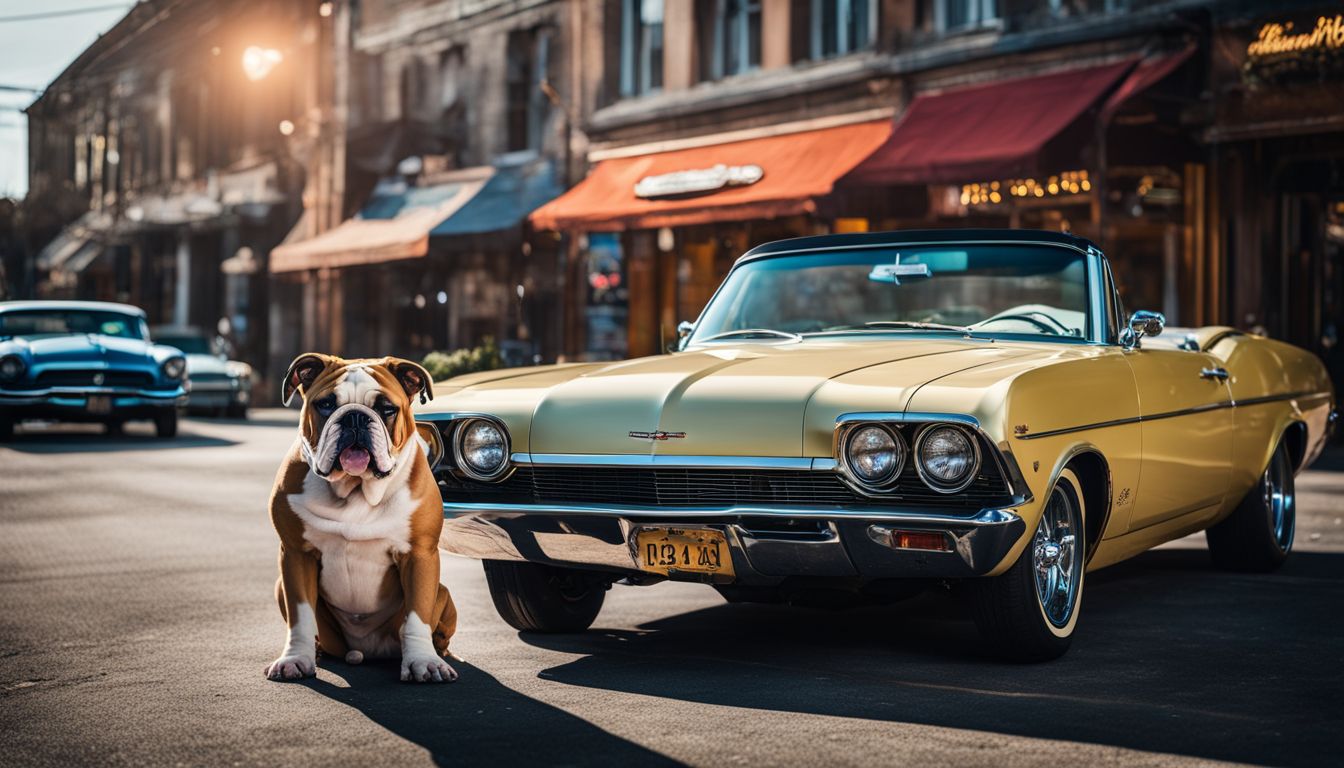 A bulldog proudly poses in front of a vintage muscle car in a bustling cityscape.