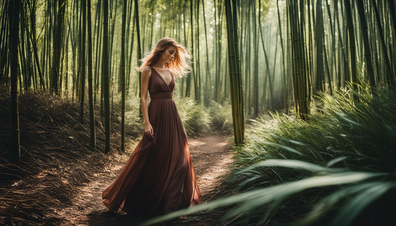 A serene woman walks through a bamboo forest in various outfits and poses for a nature photography shoot.