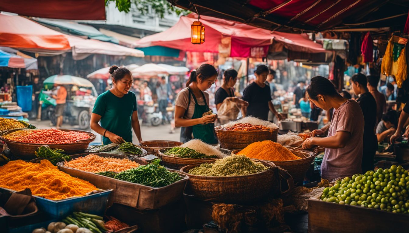 A vibrant Thai street market with diverse stalls and mouthwatering local street food.