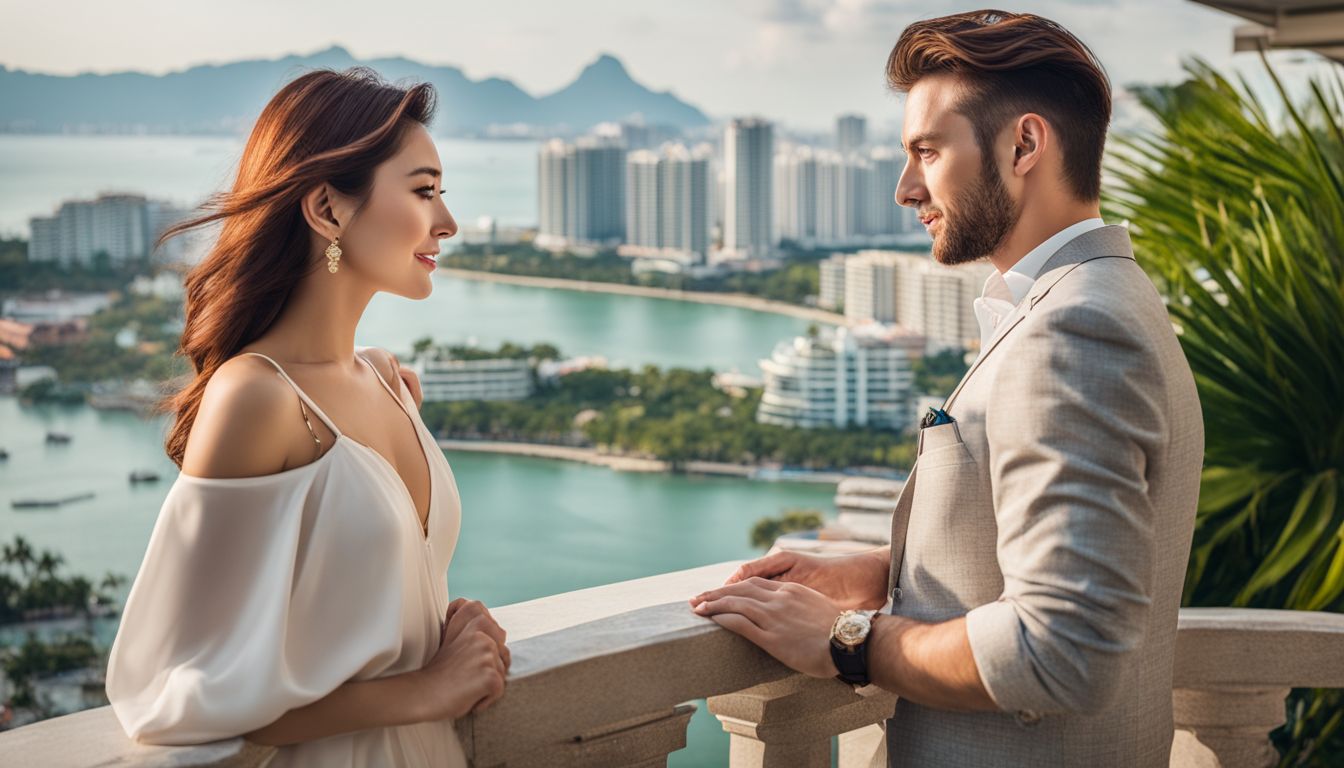 A stylish couple stands outside a luxurious Park Royal Pattaya unit with a panoramic city view.