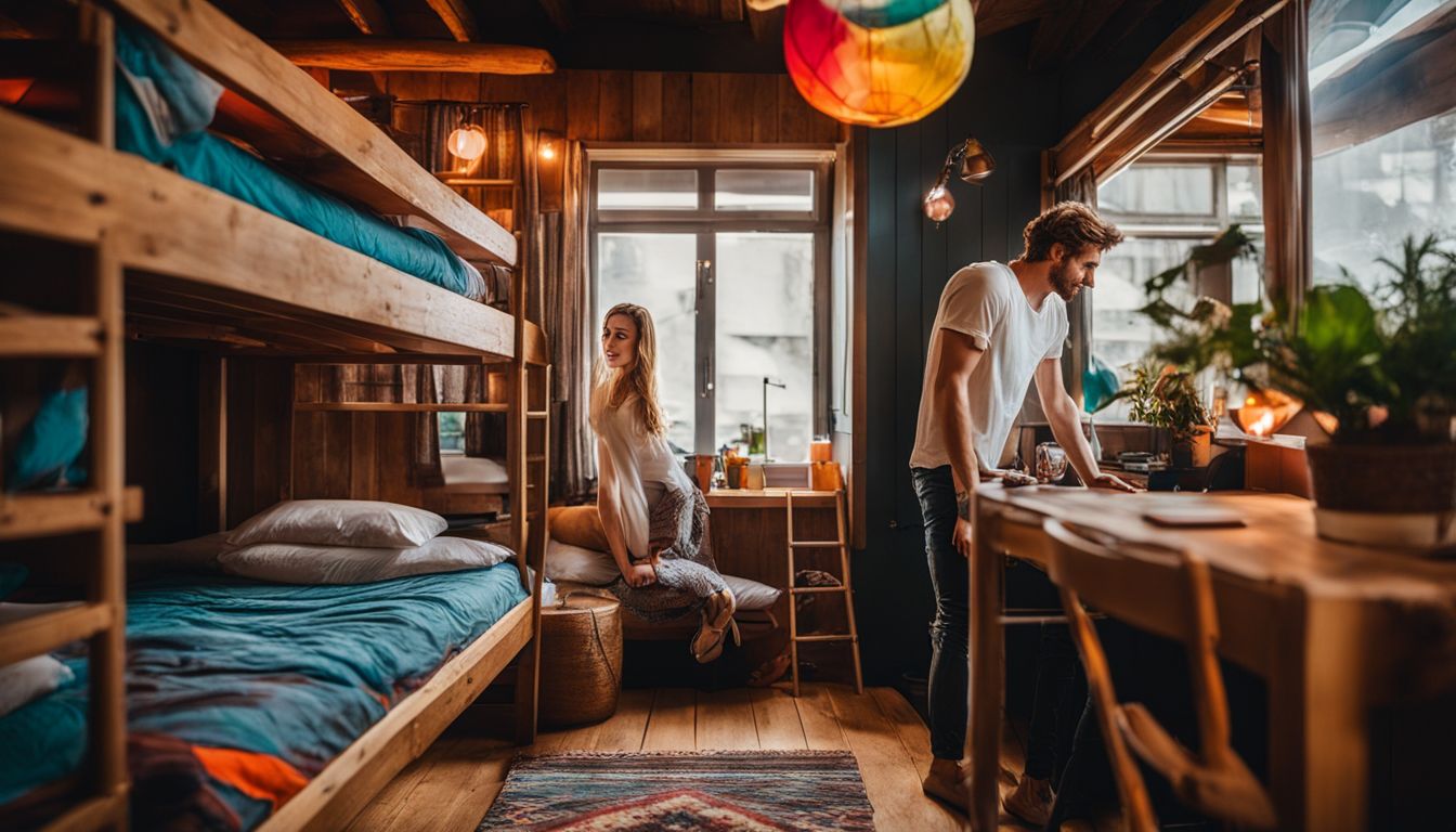 A young couple explores a vibrant, cozy hostel room with bunk beds and colorful decor.