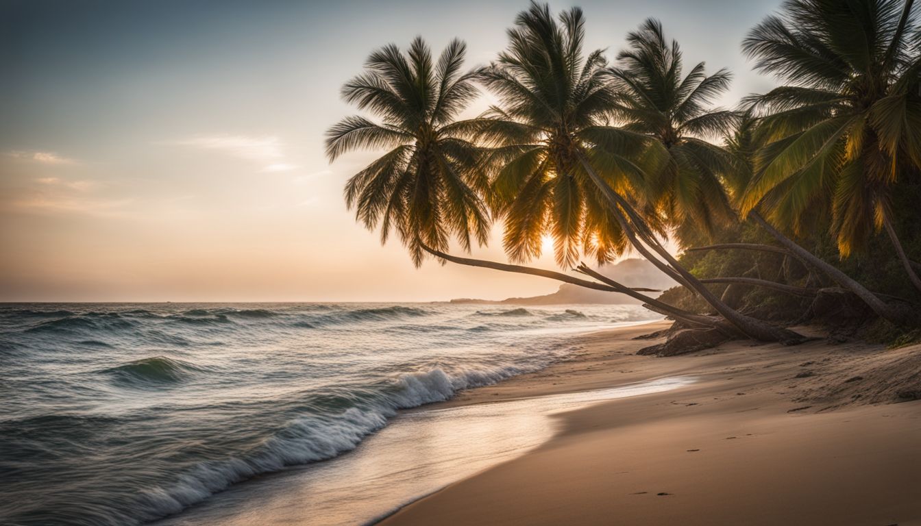 A vibrant tropical beach scene with palm trees, a bustling atmosphere, and a crystal-clear seascape captured in high definition.