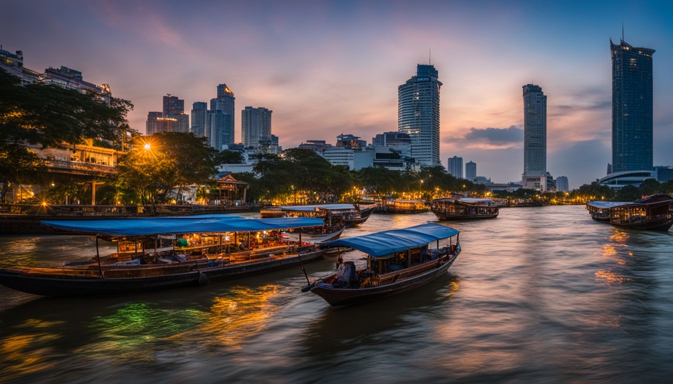 A vibrant skyline of Bangkok with boats floating along the Chao Phraya River.