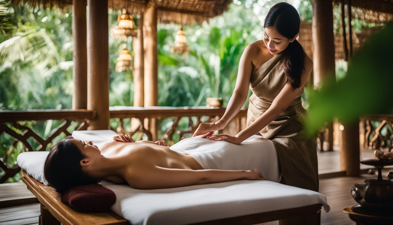 A woman receiving a traditional Thai massage in a peaceful spa setting, surrounded by nature.