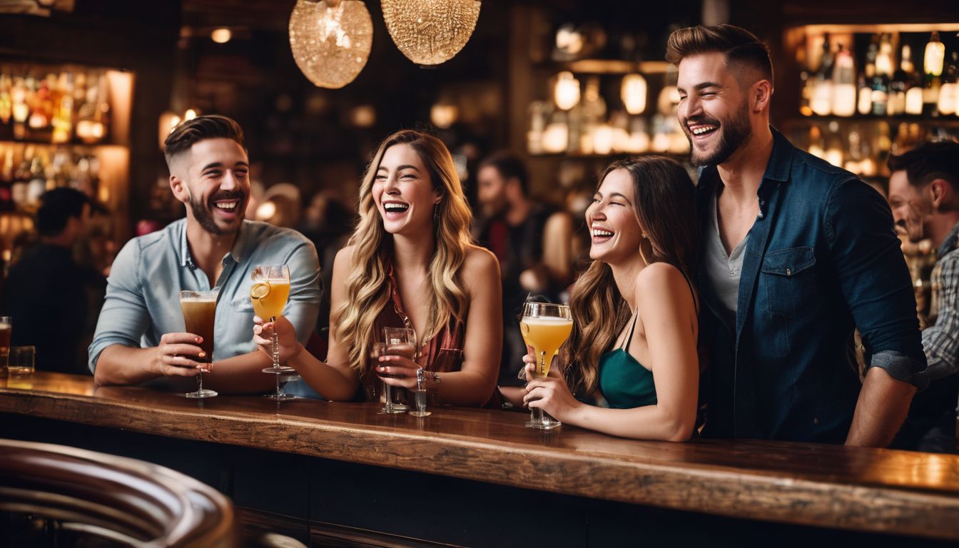 A diverse group of friends enjoys drinks and laughter at a lively bar in the city.