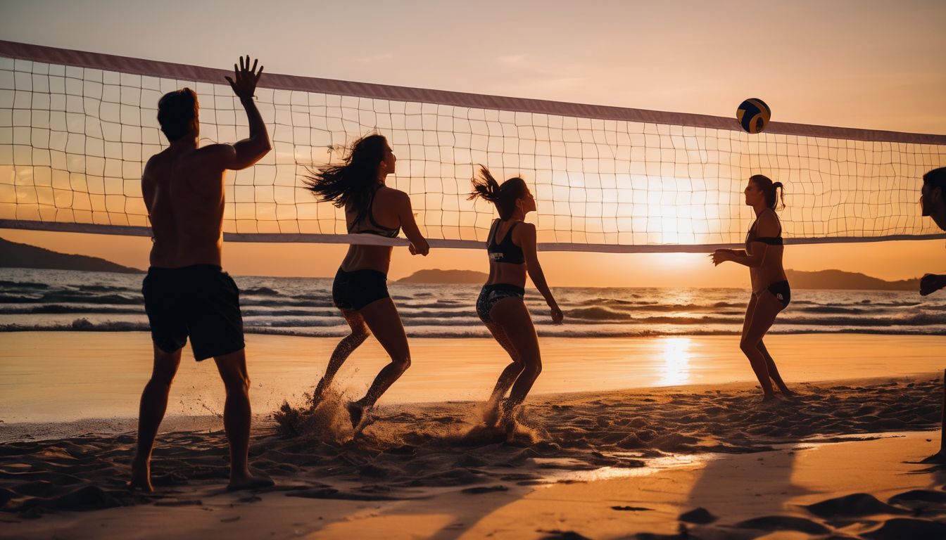 A diverse group of friends playing beach volleyball at sunset in Trang, capturing the vibrant energy of the beaches.