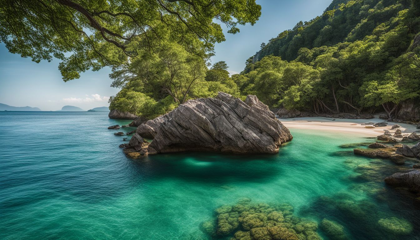 A stunning photograph of a secluded beach with clear waters surrounded by greenery and a bustling atmosphere.
