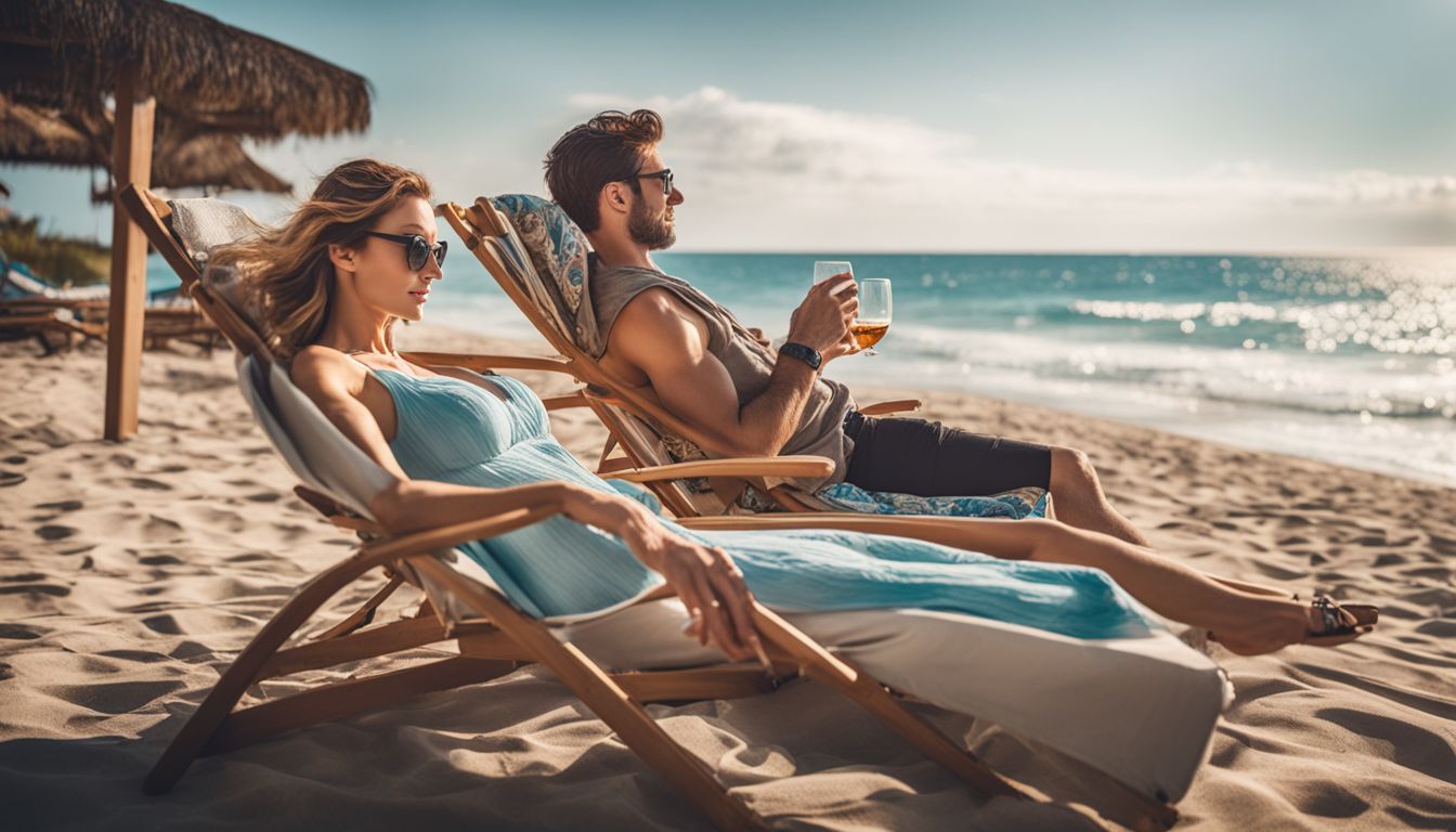 A couple relaxes on beach chairs at a luxurious beach resort, with a stunning ocean backdrop.
