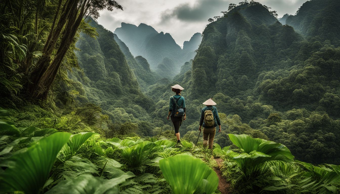A hiker explores the vibrant jungles of Vietnam, surrounded by towering trees and lush foliage.