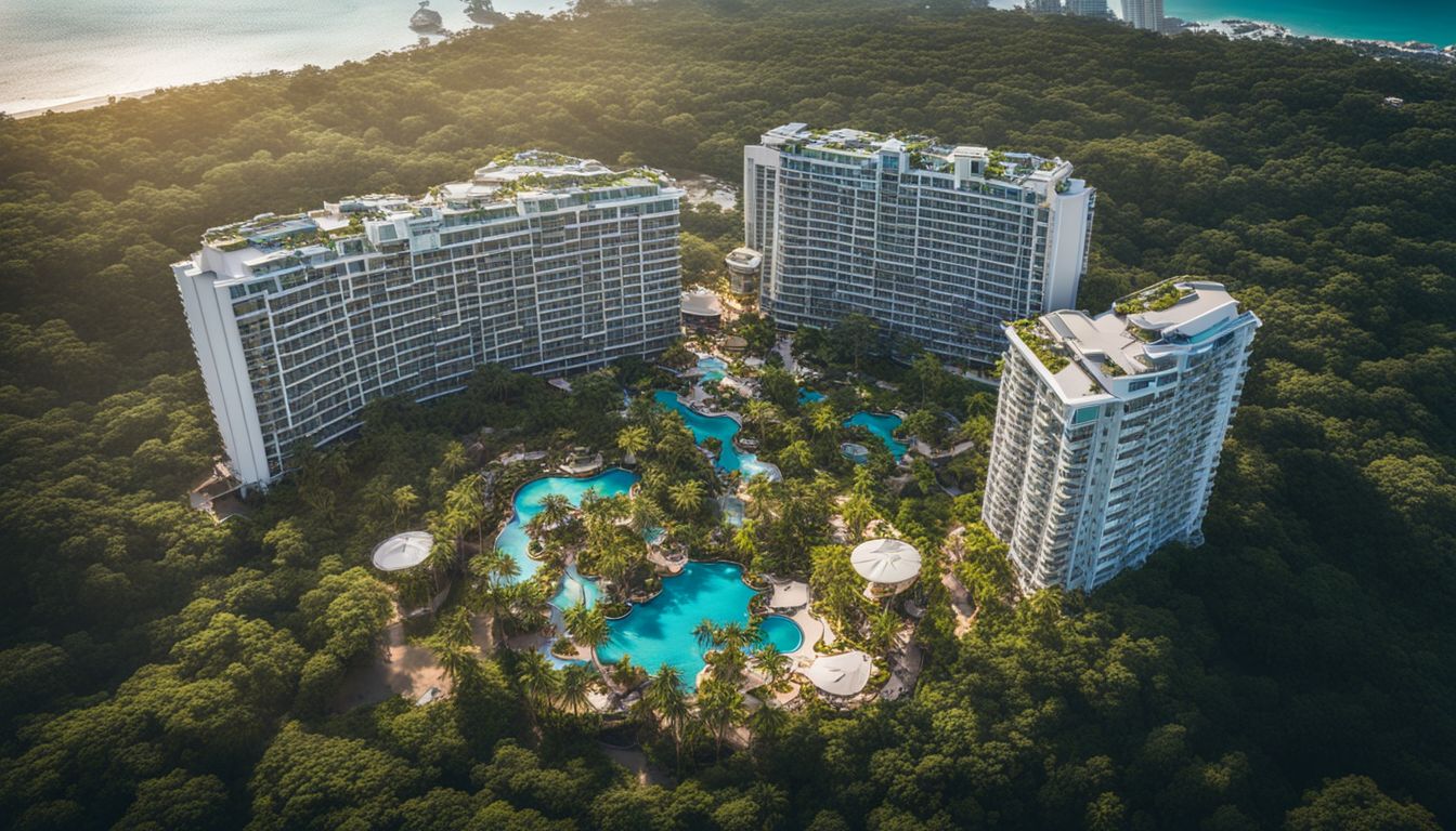 A breathtaking aerial view of the luxurious Park Royal Pattaya condominiums surrounded by pristine beaches and lush landscapes.