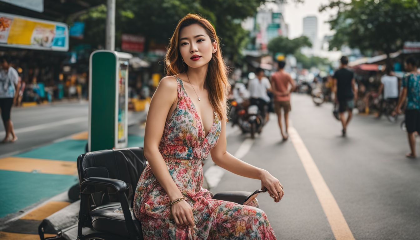 A woman in a floral dress waits for a ride on a busy street in Pattaya.