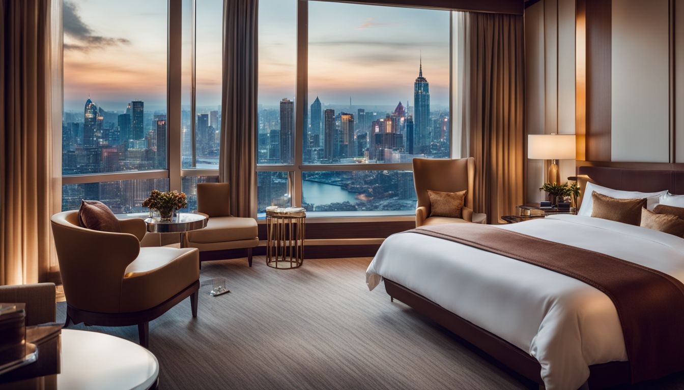 A beautifully furnished and well-lit hotel room with a stunning city skyline view.